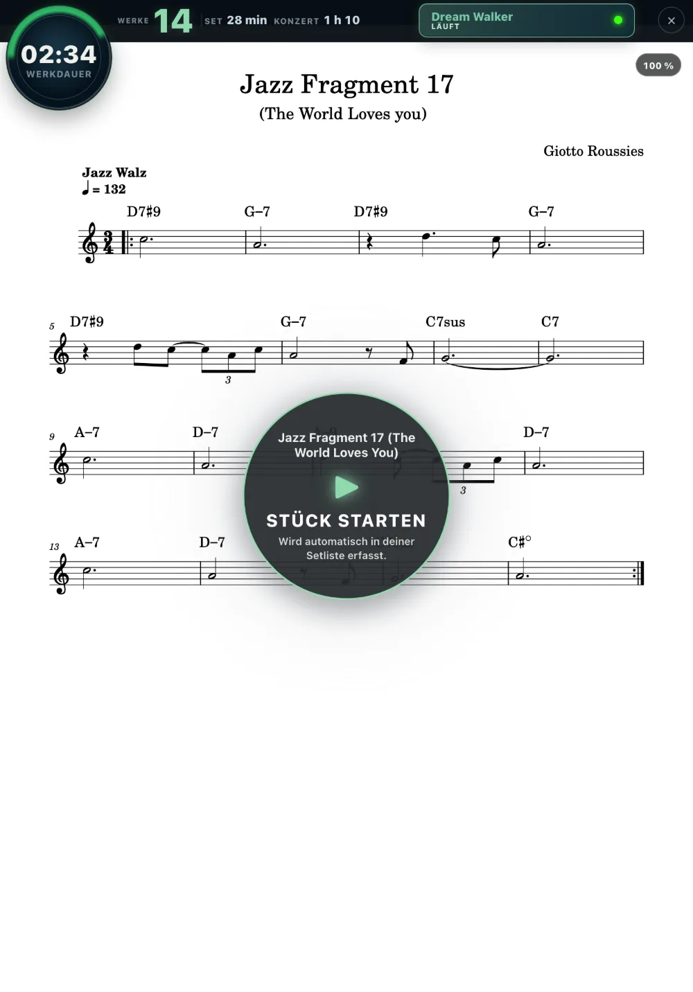 LiveLog Noten eines Stücks mit dem Knopf „Stück starten“